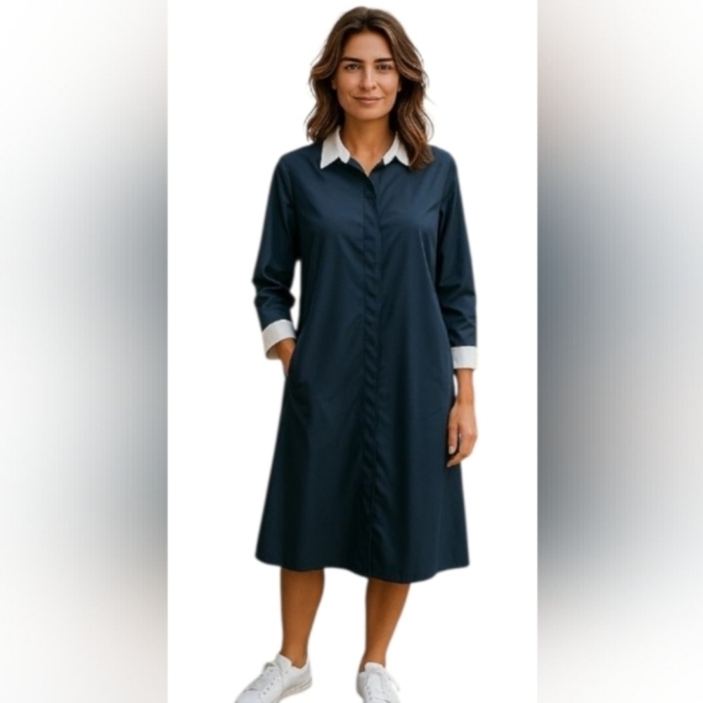 #24 NWT EAST ESSENCE Navy BlueShirtDress w/White Collar and Cuffs L P2P 21 L 40